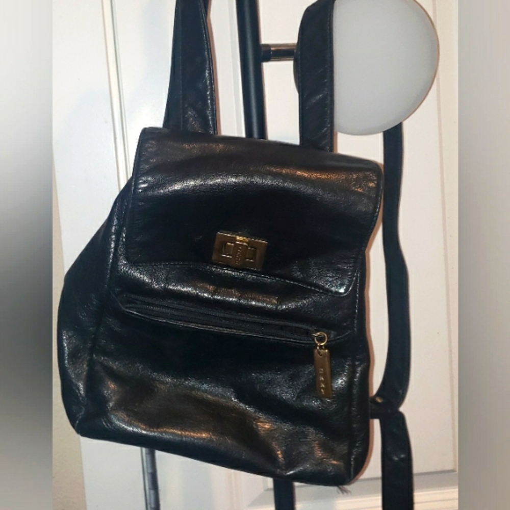 DKYN Black Faux Leather Mini Backpack.